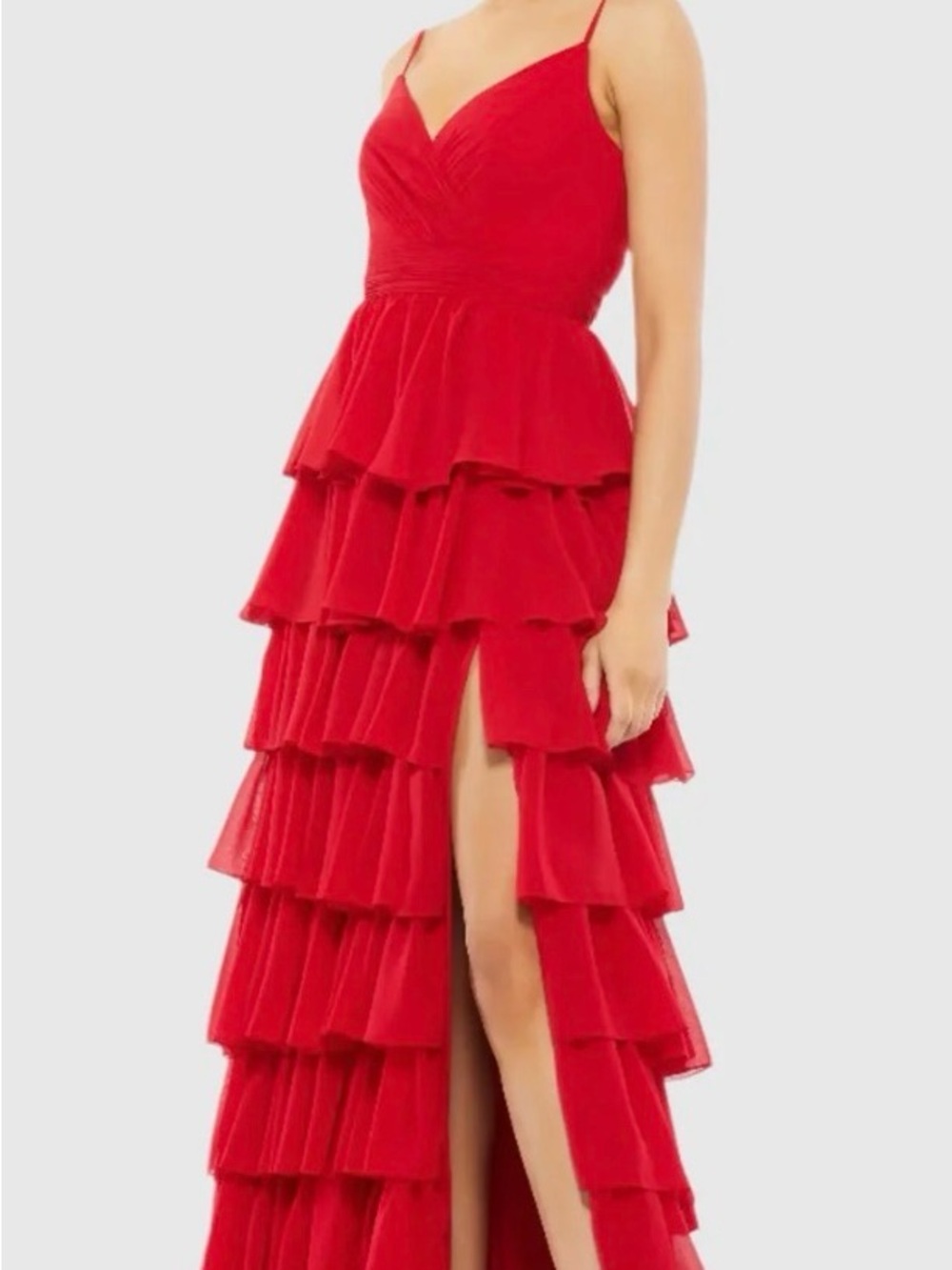 Mac Duggal Red Tiered High-Low Ruffle Gown